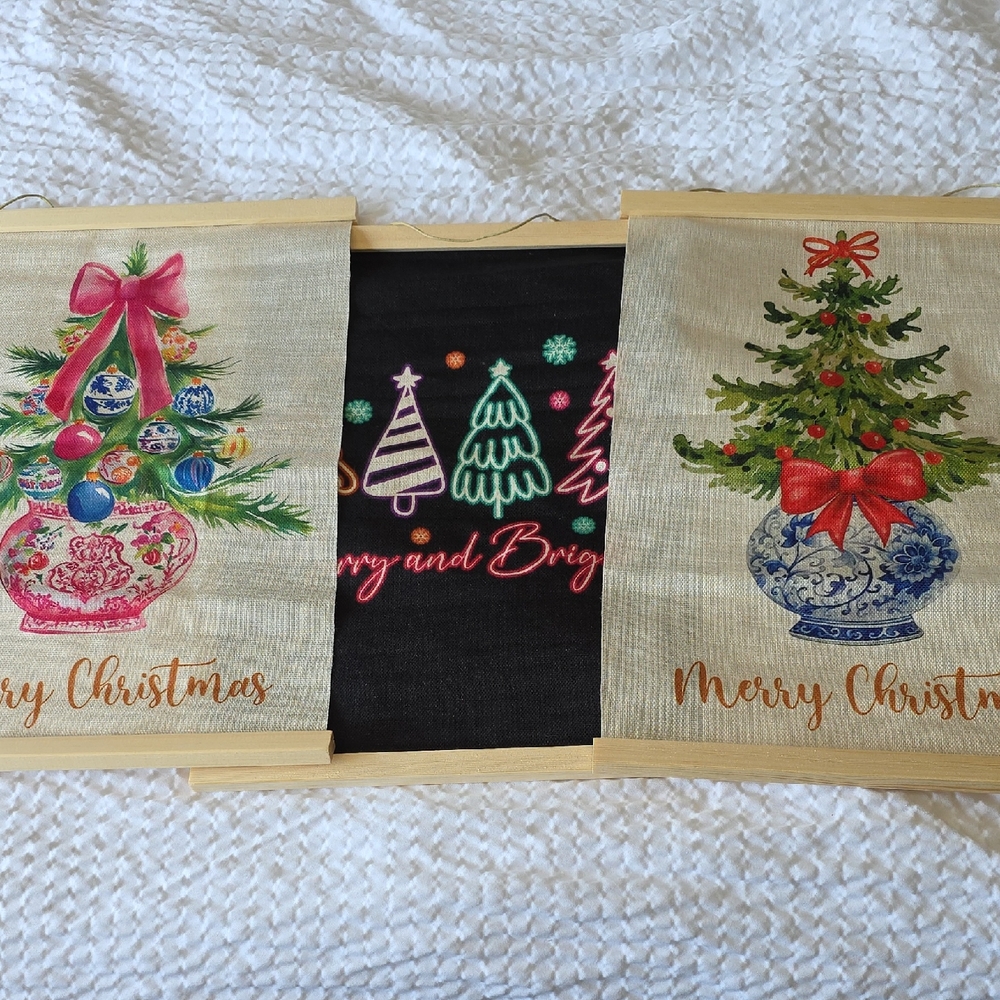 Festive Christmas Wall Hanging Set with Tree & Bow 3 Pictures 12x17 Inches Each
